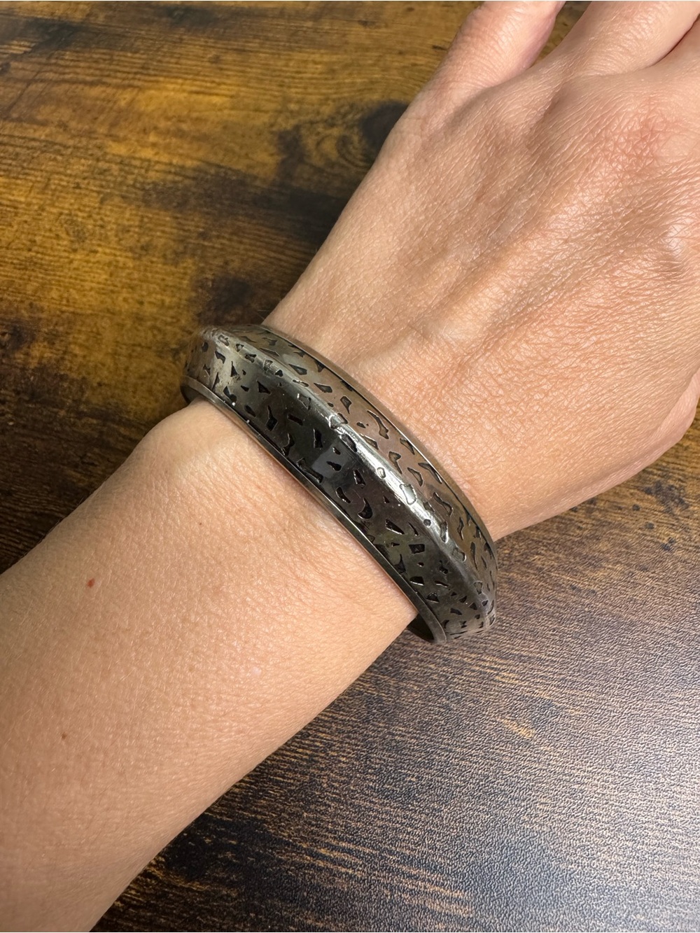 Silver Tone Knife Edge Bangle Bracelet with Cut Outs Open Work Design
